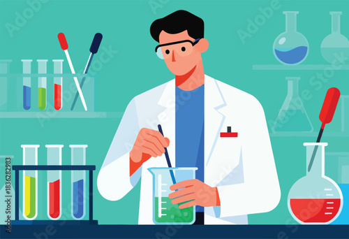 A scientist in a lab coat, stirs a beaker, surrounded by test tubes, pipettes, and lab bottles