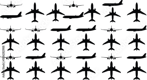 Airplane silhouettes collection, commercial aircraft front and top views, passenger jet icons, aviation transport graphics for airline industry, travel design elements and aviation illustrations