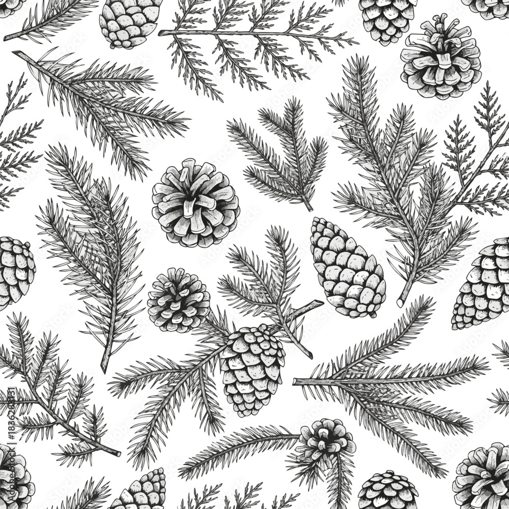 Fototapeta premium Isolated a hand drawn ink decorative wrapping paper or textile print design in seamless pattern with pinecones and coniferous branches Vector art with white background ..