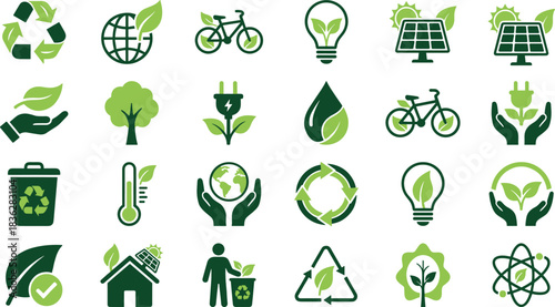 Eco icons set featuring sustainability, recycling, renewable energy, green technology, solar power, eco-friendly lifestyle, nature conservation, climate action, biodegradable concepts, environmental 