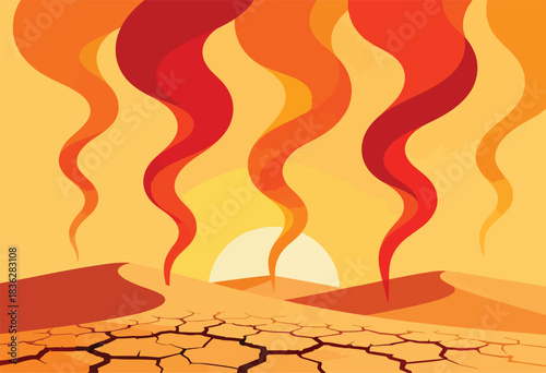 Stylized desert landscape with abstract plumes of fire under the sun; arid land, cracked ground