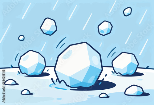 A cartoon illustration of a hailstorm. Large, geometric hailstones fall from a blue sky, some impacting the ground