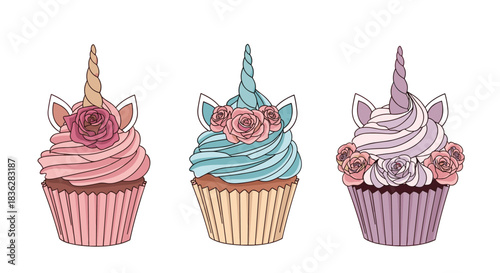 Set of three adorable and magical unicorn cupcakes in pink, blue, and purple pastel colors, decorated with horns and flowers.