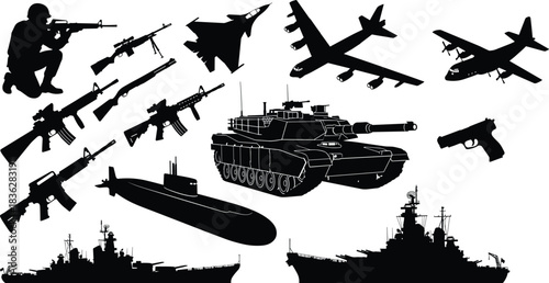 Military silhouette collection featuring tanks, rifles, pistols, submarines, warships, fighter jets, soldier figure, combat vehicles, and weapons for tactical defense illustration and graphic design