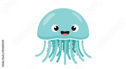 An adorable and happy cartoon jellyfish with big eyes and a wide smile, illustrated in a simple, cute flat vector style.