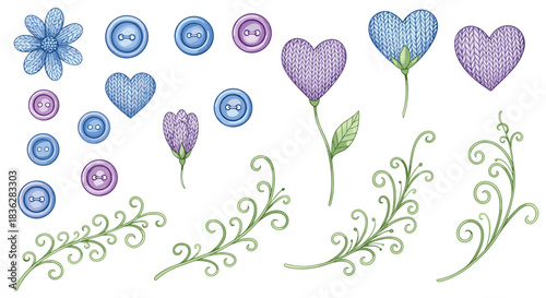 Watercolor-style collection of knitted and craft elements, including purple and blue hearts, buttons, flowers, and green vines.