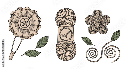 Vintage hand-drawn set of crafting and sewing elements, including a ball of yarn, a brooch, and a crocheted flower with button.