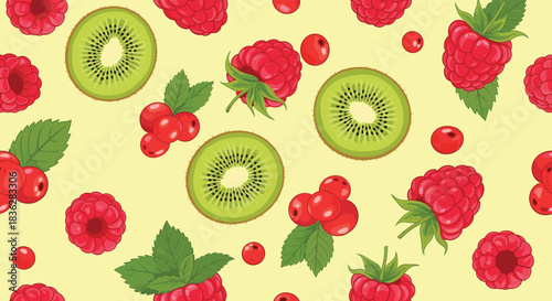 Bright and juicy seamless pattern with fresh raspberries, sliced kiwis, and red currants on a cheerful light yellow background.