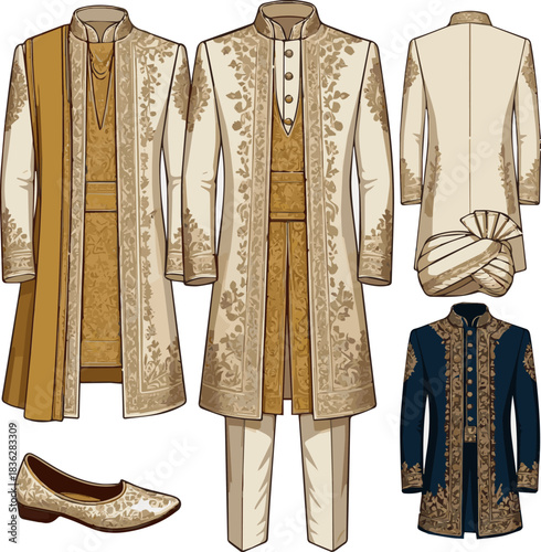Isolated a various designs of wedding Sherwani vector art with a white background .