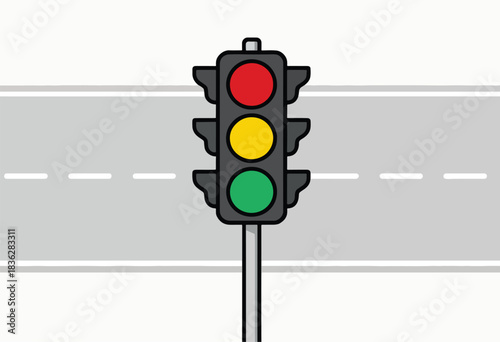 An illustration shows a traffic signal with red, yellow, and green lights. Road markings are visible below