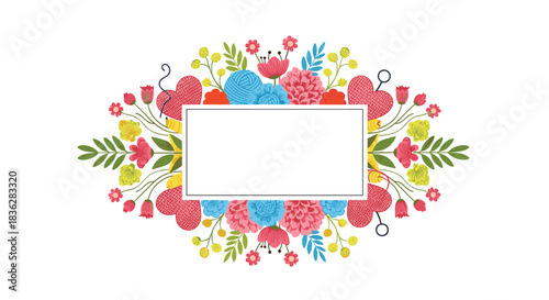 Colorful rectangular frame surrounded by a beautiful arrangement of knitted hearts, yarn balls, and various abstract flowers.