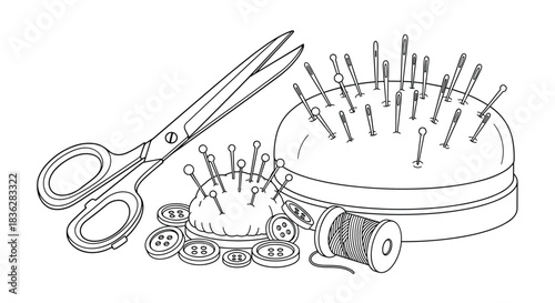 Classic black and white line art illustration of essential sewing supplies, including scissors, pincushions, thread, and buttons.