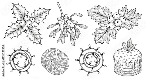 Vintage Christmas collection of hand-drawn winter botanicals and sweets, including holly, mistletoe, and a festive iced cake.