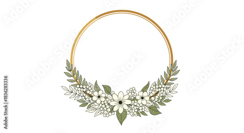 Elegant round golden frame decorated with a delicate arrangement of white flowers, berries, and green leaves at the bottom.