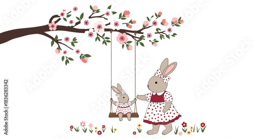 Sweet illustration of a mother rabbit pushing her adorable baby on a swing hanging from a blooming cherry blossom branch.