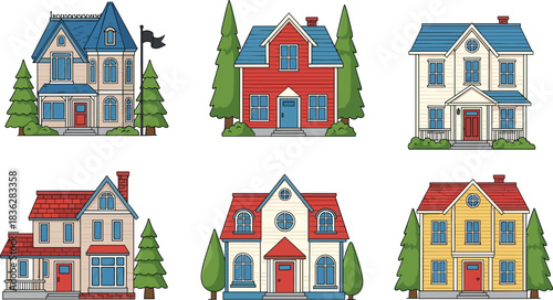 Set of colorful houses, suburban home illustration, residential building collection, charming neighborhood homes, architecture design set, cozy family houses, property and real estate concept art