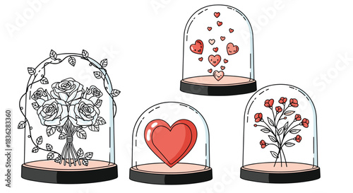 Set of romantic hand-drawn illustrations featuring flowers, hearts, and vines preserved under elegant glass bell jars or domes.