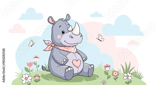 A cute and cuddly baby rhinoceros toy with a heart patch, sitting happily in a field of flowers with butterflies flying around.
