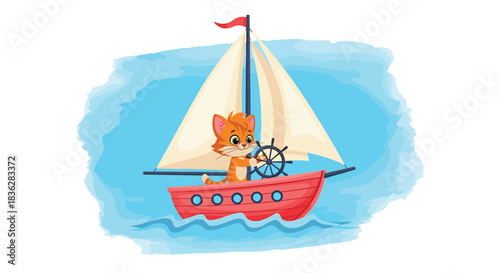 A cute and adventurous cartoon ginger cat steering a sailboat on the open sea, depicted in a charming watercolor style.