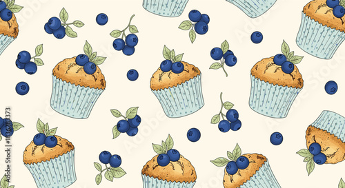 Seamless pattern of delicious hand-drawn style blueberry muffins and fresh berry sprigs on a light cream-colored background.