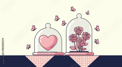 Sweet pixel art illustration of a pink heart and a bouquet of roses preserved under glass domes with butterflies flying around.