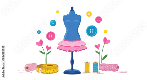 Creative flat illustration of a fashion designer's workspace with a mannequin, spools of thread, buttons, and measuring tape.