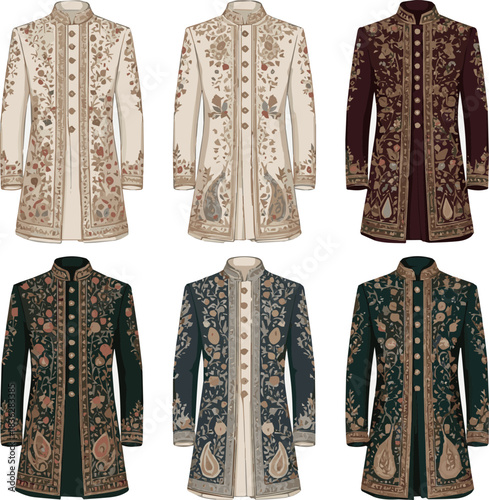 Isolated a various designs of wedding Sherwani vector art with a white background .