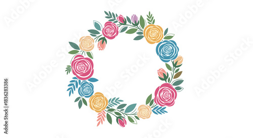 A beautiful and colorful floral wreath made of stylized roses and leaves in shades of pink, blue, and yellow, perfect for invitations.