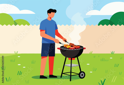 A person, grilling food on a barbecue, in a backyard setting, near a green grassy area