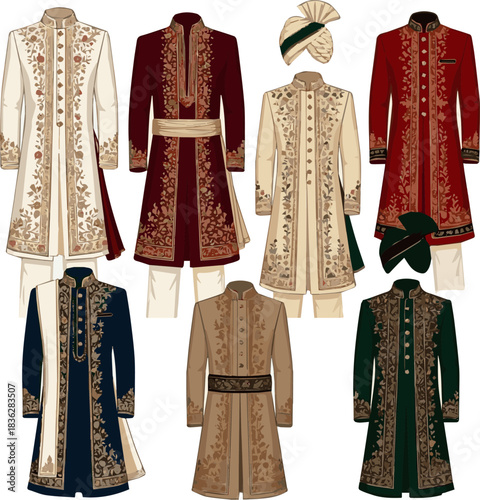 Isolated a various designs of wedding Sherwani vector art with a white background .