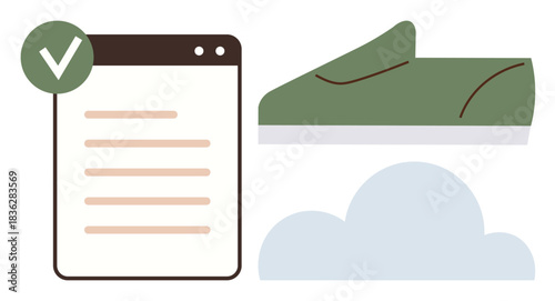 Green shoe, checklist with tick mark, and cloud. Ideal for sustainability, eco-friendliness, fitness, productivity, environment nature simplicity. Perfect for a clean flat metaphor design