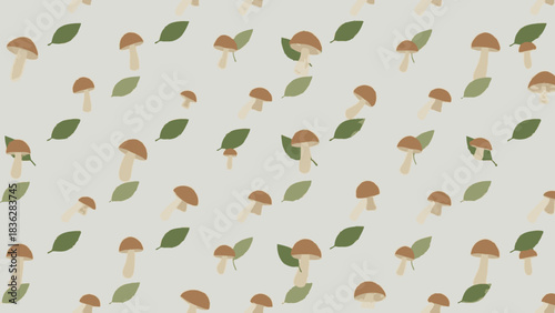 A repeating pattern of stylized mushrooms and green leaves on a neutral background.