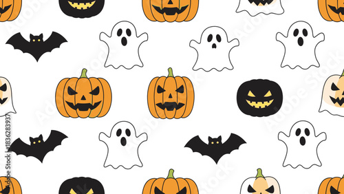Fun Halloween pattern with pumpkins, ghosts, and bats