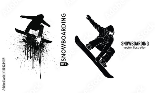 Abstract grunge style snowboarder silhouette with dynamic action vector art