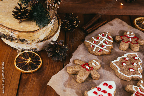 Close up of gingerbread cookies with some cinnamon. Christmas decoration