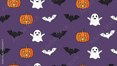 Halloween pattern with stylized pumpkins, ghosts, and bats on purple background