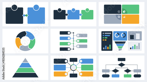 Business Infographic Vector Set – Puzzle, Pyramid, Funnel and Flowchart Diagrams