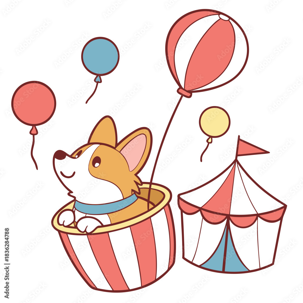 Fototapeta premium An adorable Corgi with a Happy vibe, in a teacup, and a Big Top Brights Circus Carnival theme – SVG style