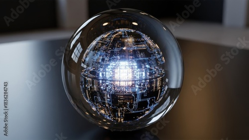 Reflective orb containing an intricate glowing data structure