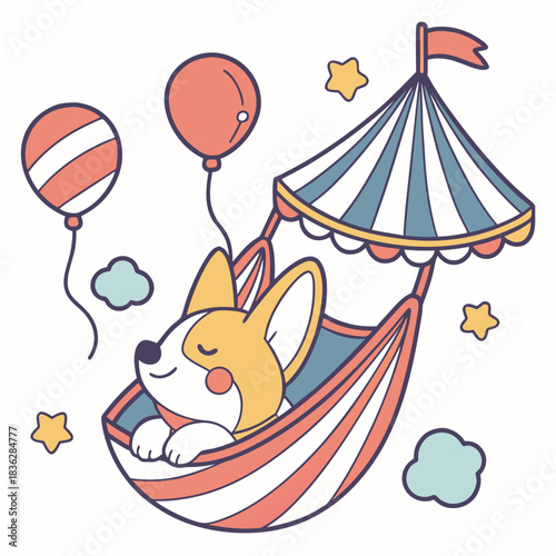 Cute Funny Corgi, accessorized with in a hammock, in a Circus Carnival world – Big Top Brights palette vector