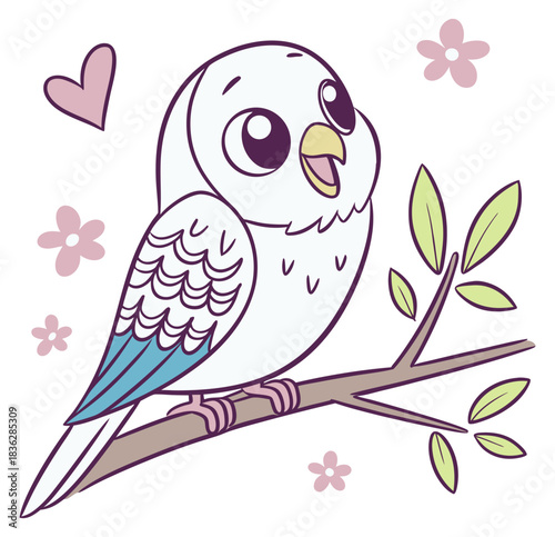 Adorable cartoon budgie sitting on a branch with flowers and a heart isolated transparent background cut-out PNG file