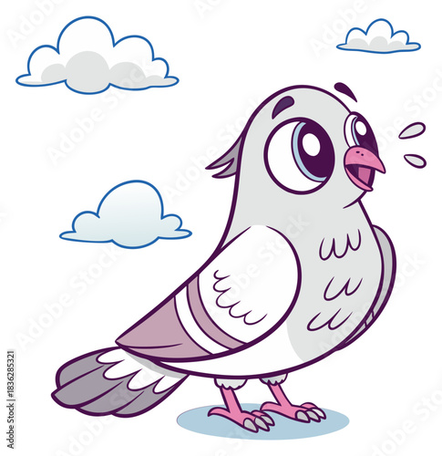 Adorable cartoon gray pigeon cooing excitedly beneath fluffy white and blue clouds. Isolated transparent background ( include cut-out PNG file )