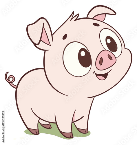 Cheerful cartoon pink piglet with big eyes a curly tail standing on green grass. Isolated transparent background ( include cut-out PNG file )