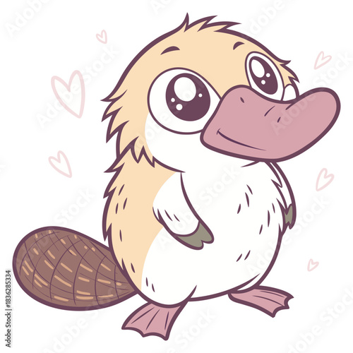 Adorable fuzzy baby platypus drawing with hearts isolated transparent background ( include cut-out PNG file )