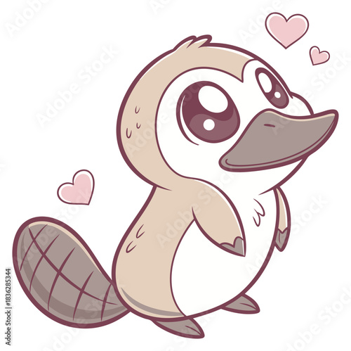 Adorable cartoon platypus with a large bill and tail surrounded by pink hearts. Isolated transparent background ( include cut-out PNG file )