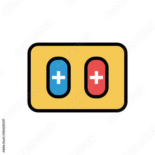 Two Oval Shaped Pills One Blue With A White Plus Sign One Red With A White Plus Sign Arranged Horizontally In A Yellow Rectangular Blister Pack With Rounded Corners On A Black Background