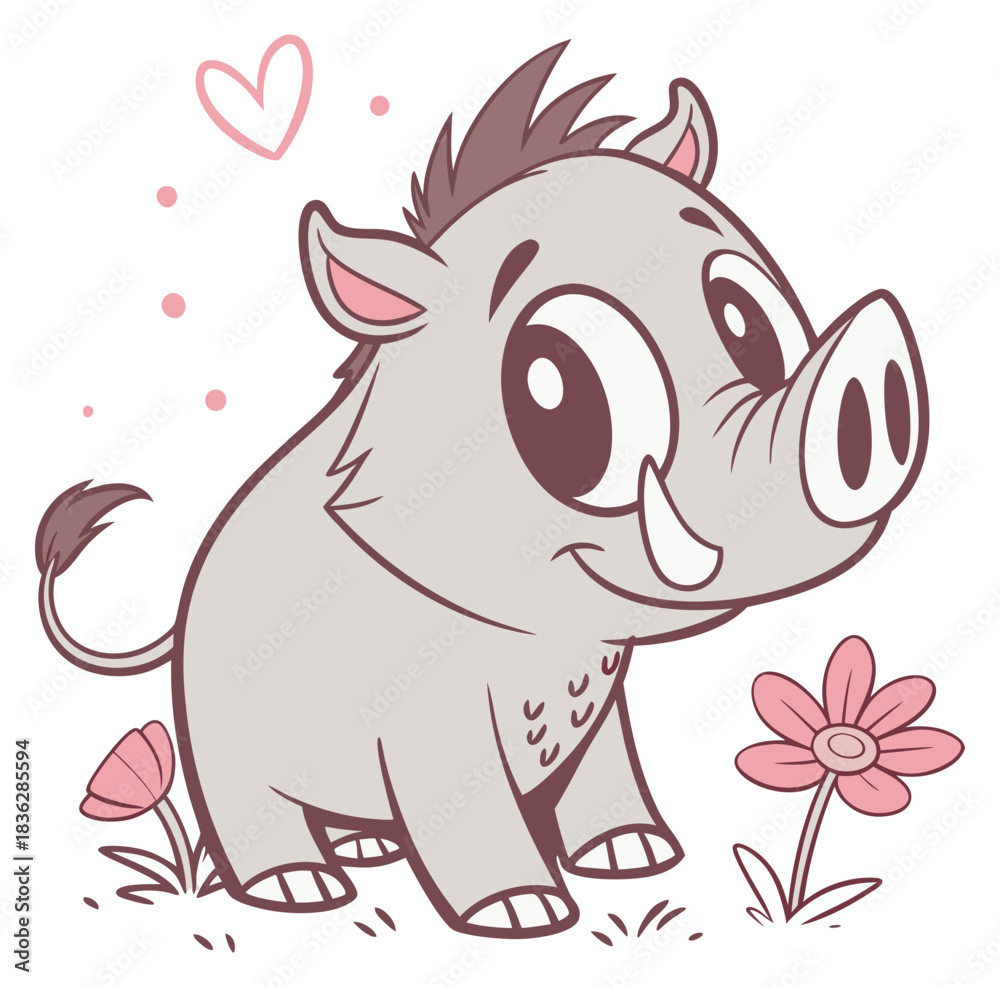 Fototapeta premium Happy cartoon baby warthog smiling big eyes tusks and pink flower heart. Isolated transparent background ( include cut-out PNG file ).