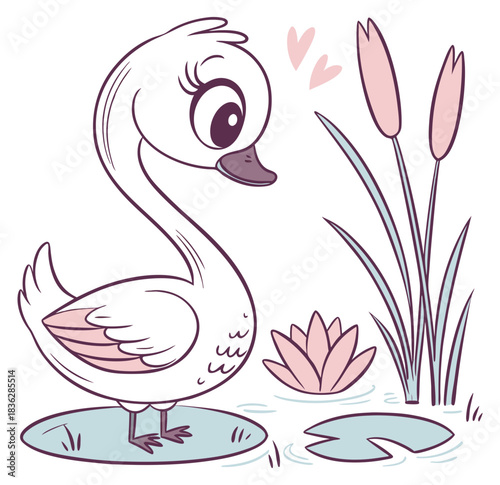 Graceful cartoon swan standing on a lily pad with pond plants Isolated transparent background ( include cut-out PNG file )