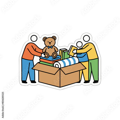 Two People Packing Donated Items Into Cardboard Box With Teddy Bear Clothes Books And Linens White Background Minimalist Flat Vector Art Sticker Style Clean Lines