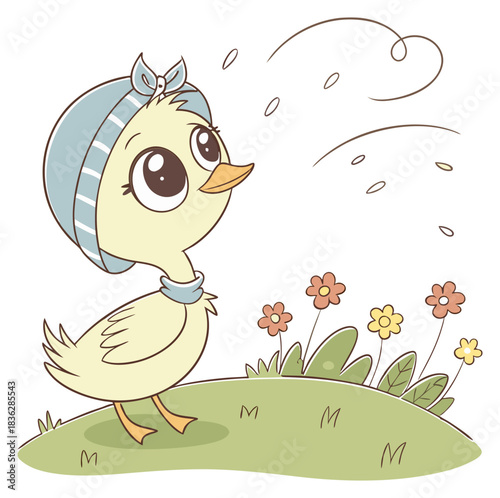 Sweet baby duckling wearing a bonnet walking through a grassy field with flowers Isolated transparent background ( include cut-out PNG file )